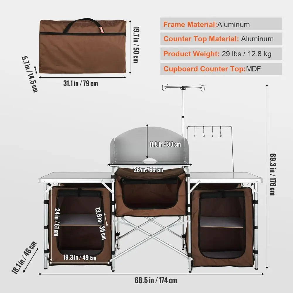 Camping Kitchen Table, olding Outdoor Cooking Table with Storage Carrying Bag, Cook Station 3 Cupboard & Detachable Windsn, Quic