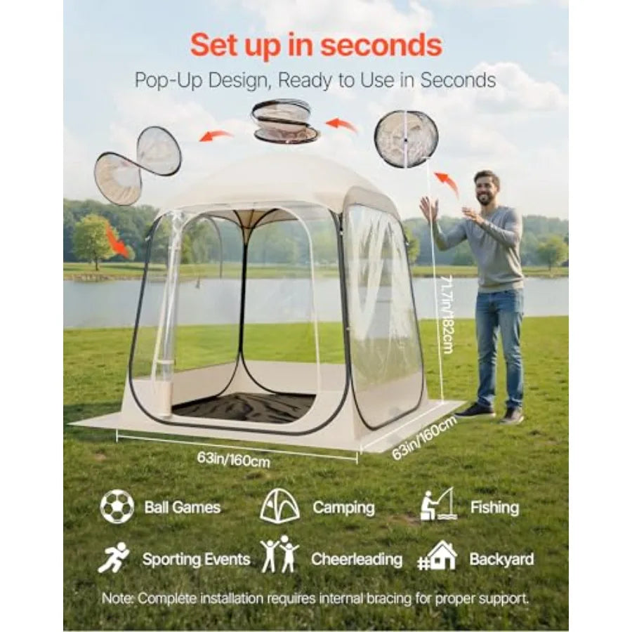 Pop up Sports Tent, Clear Bubble Tent for 2-4 Person, Waterproof Outdoor Pod with Floor Mat & Top Cover, Garden Dome Tents Campi
