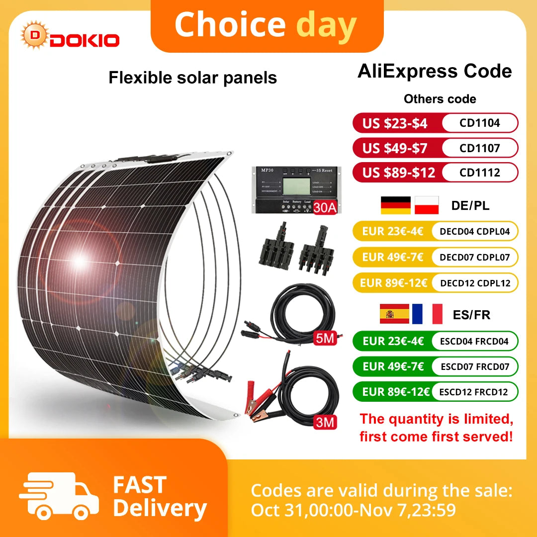 DOKIO 100Wset 200Wset 400Wset 18V flexible solar panel waterproof monocrystalline camping  12V battery charging