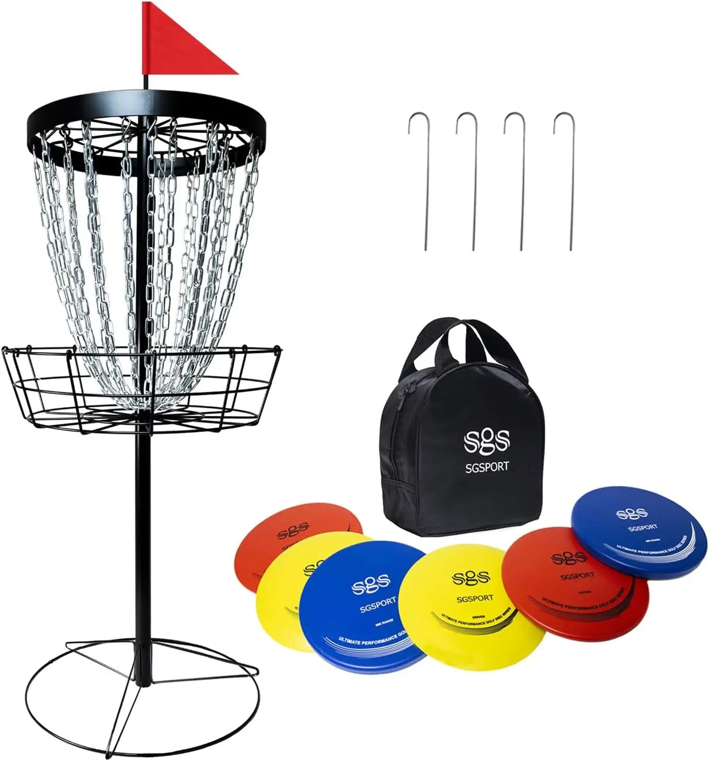 Portable Disc Golf Basket with 24 Chains, Includes 6 Discs and Carry Bag - All Levels