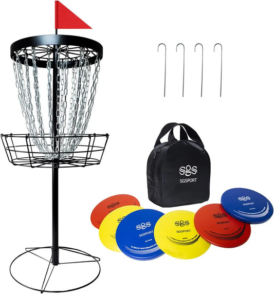 Portable Disc Golf Basket with 24 Chains, Includes 6 Discs and Carry Bag - All Levels