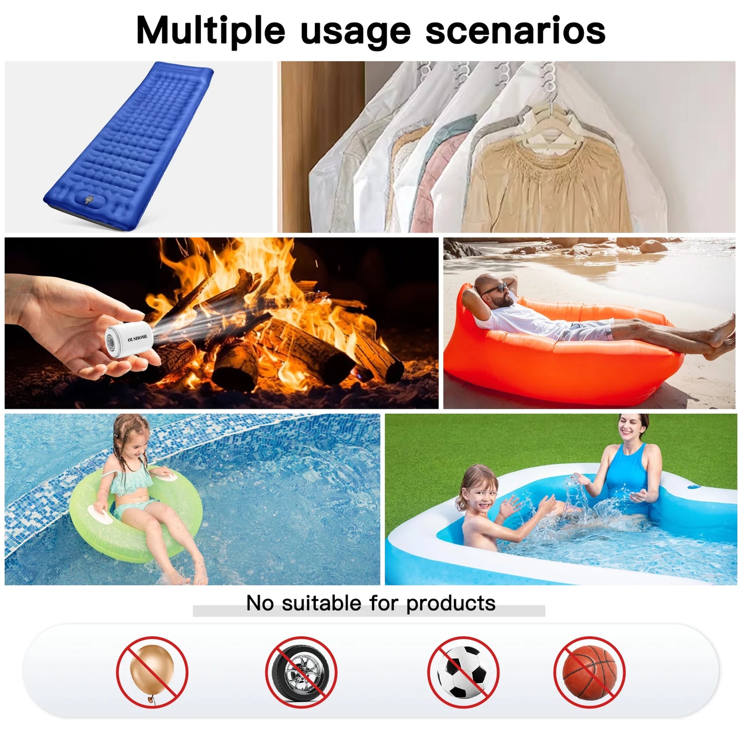 Portable Air Pump for Inflatables, Ultra-Mini Air Pump with Camping Light, USB Rechargeable Air Pump with Magnetic Design, White