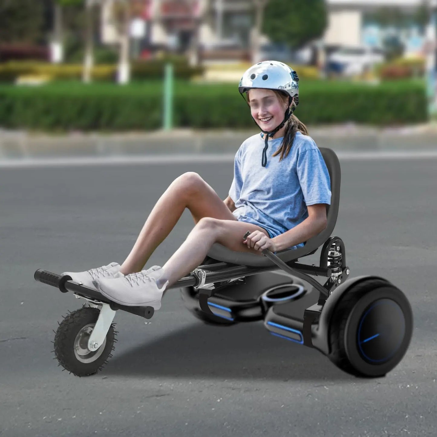 Hoverboard Seat Attachment, Hoverboard Go Kart with Doual Pole Rear Shock Absorption, Adjustable Frame Length and Handlebar Cont
