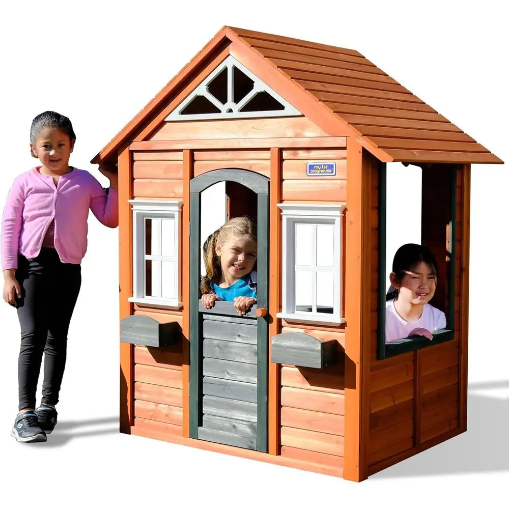 Sportspower Kids Wooden Playhouse: Pre-Cut, Stained, with Door, Open Layout, and Flower Pot Holders