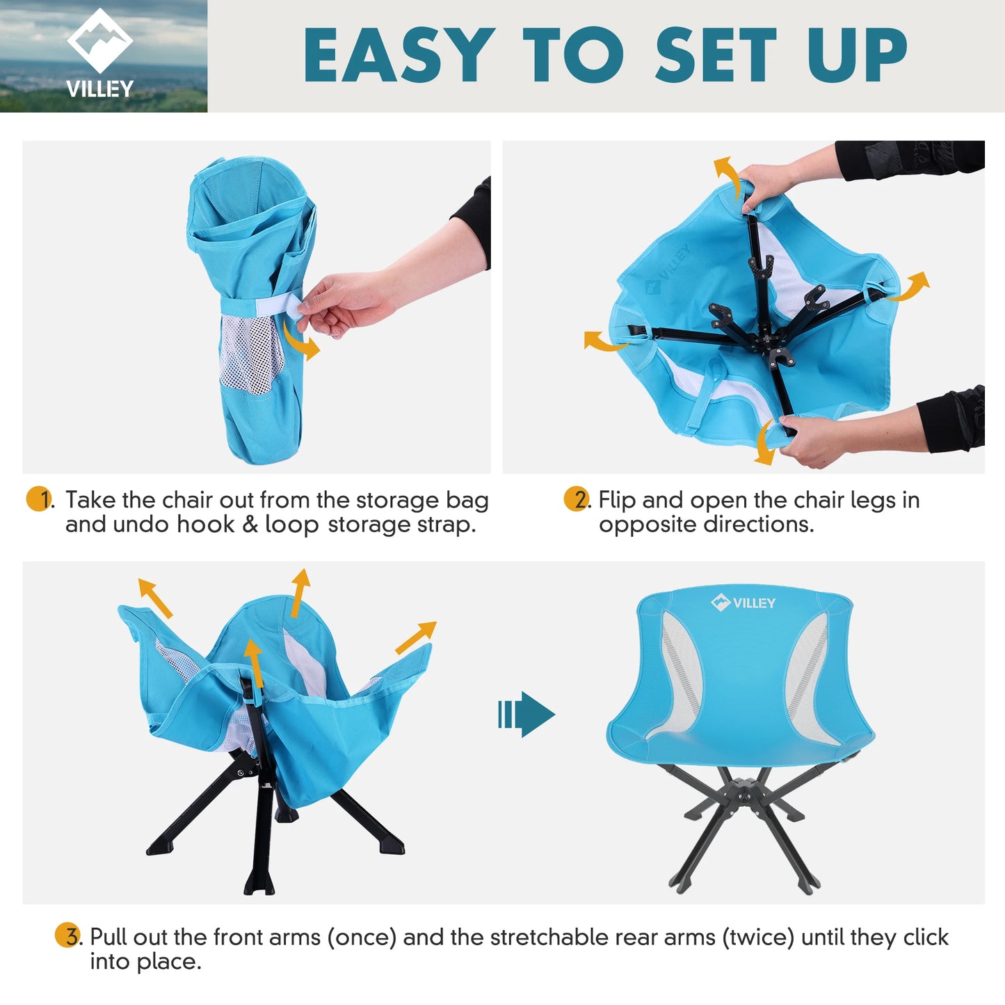 VILLEY Portable Folding Chair Lightweight Camping Chair No Assembly Needed, Quick Setup for Beach, Hiking, Supports 330 LBS