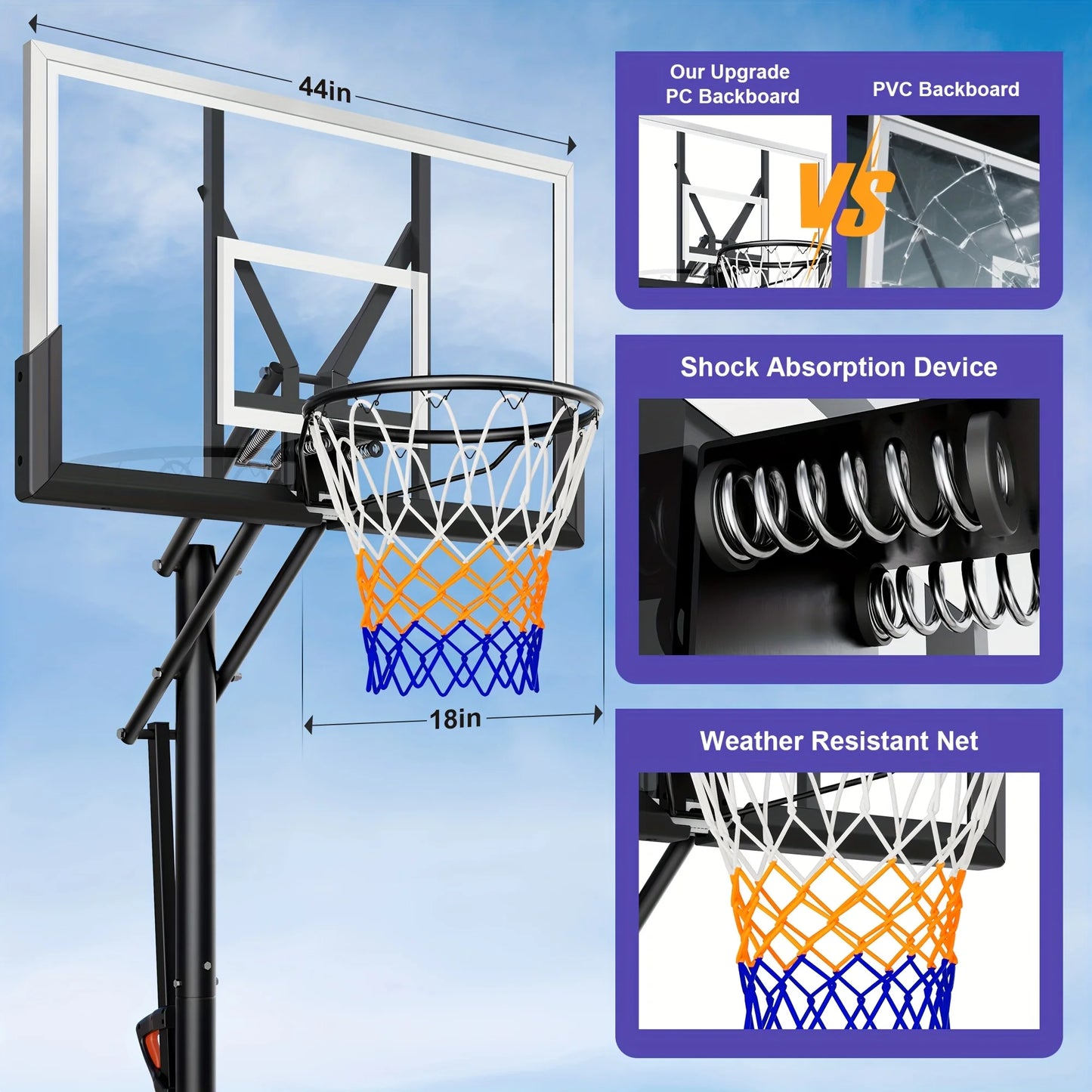 44 In. Stretch Portable Basketball Hoop & Goal With Quickly Height Adjusted 7.6 - 10 Ft. For Outdoor Indoor Court