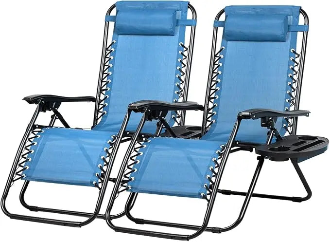 Set of 2 Relaxing Recliners Patio Chairs Adjustable Steel Mesh Zero Gravity Lounge Chair Beach Chairs with Pillow and Cup Holder