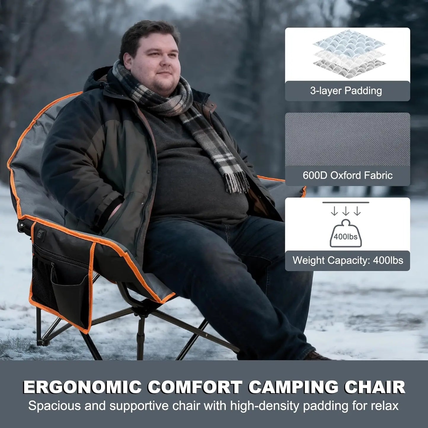 Oversized Heated Camping Chair for Adults, Heavy Duty Outdoor Chair with 3 Heat Levels (Back & Seat), Grey