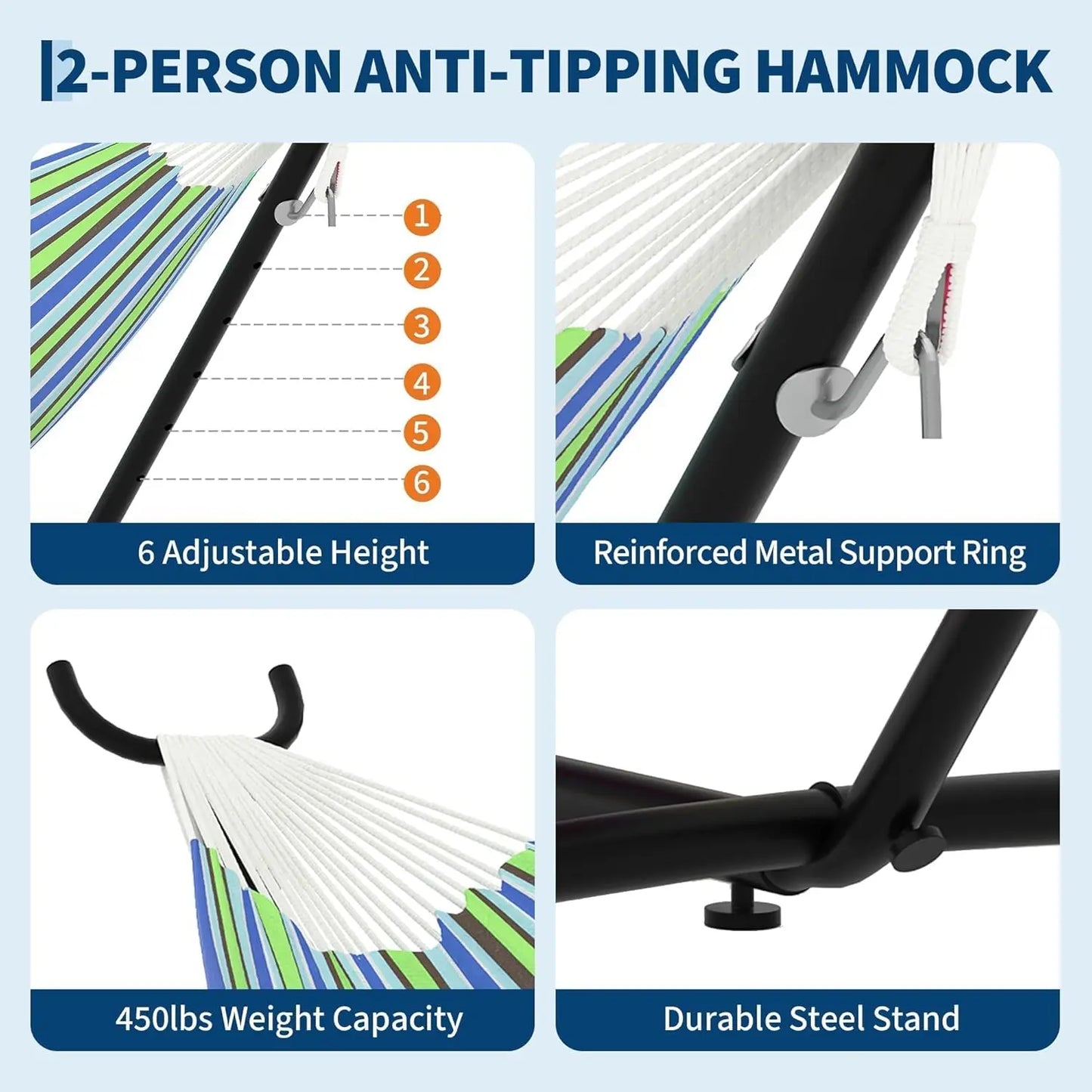 Portable Double Hammock with Stand, Heavy-Duty Steel Frame for Indoor Outdoor Use, 450 lbs Capacity
