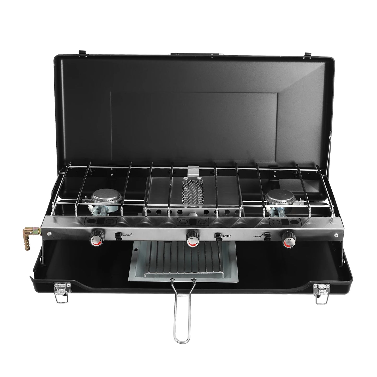 Portable Camping Stove 4.5KW Total Power 3 Burners Foldable Design Piezo Ignition Wind Shield Lid Detachable Grid Lightweight