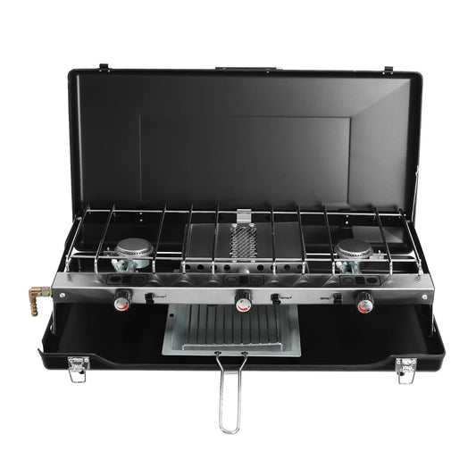 Portable Camping Stove 4.5KW Total Power 3 Burners Foldable Design Piezo Ignition Wind Shield Lid Detachable Grid Lightweight