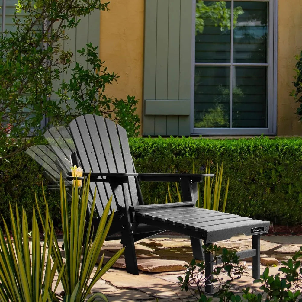 Adjustable Folding Adirondack Chairs Set of 4 | With Retractable Ottoman & Built-In Cup Holder | All Weather Fire Pit Chairs