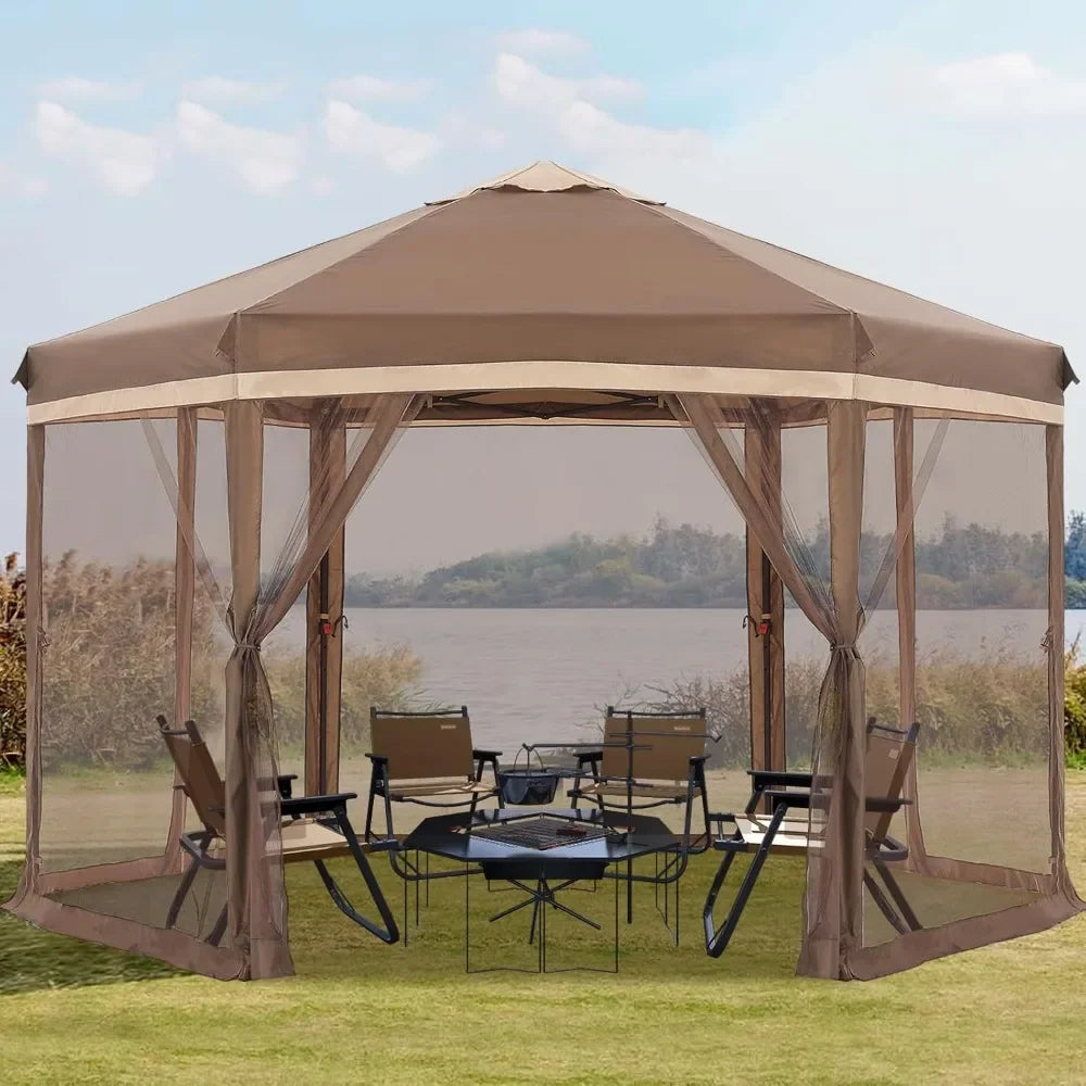 Pop up Canopy, 12X12 Pop up Tent with Mesh Walls, 6 Sides Gazebo, Patented 1 Step Lock Tech, Screened House for Outdoor/Camping