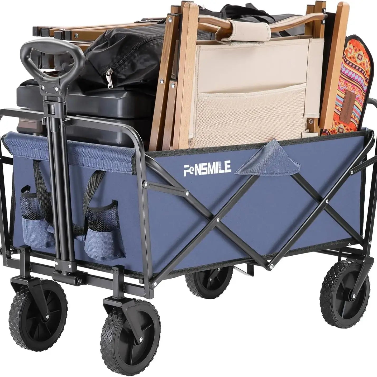Folding heavy duty station wagon easily carries camping equipment beach chairs garden tools and deep sea military blue