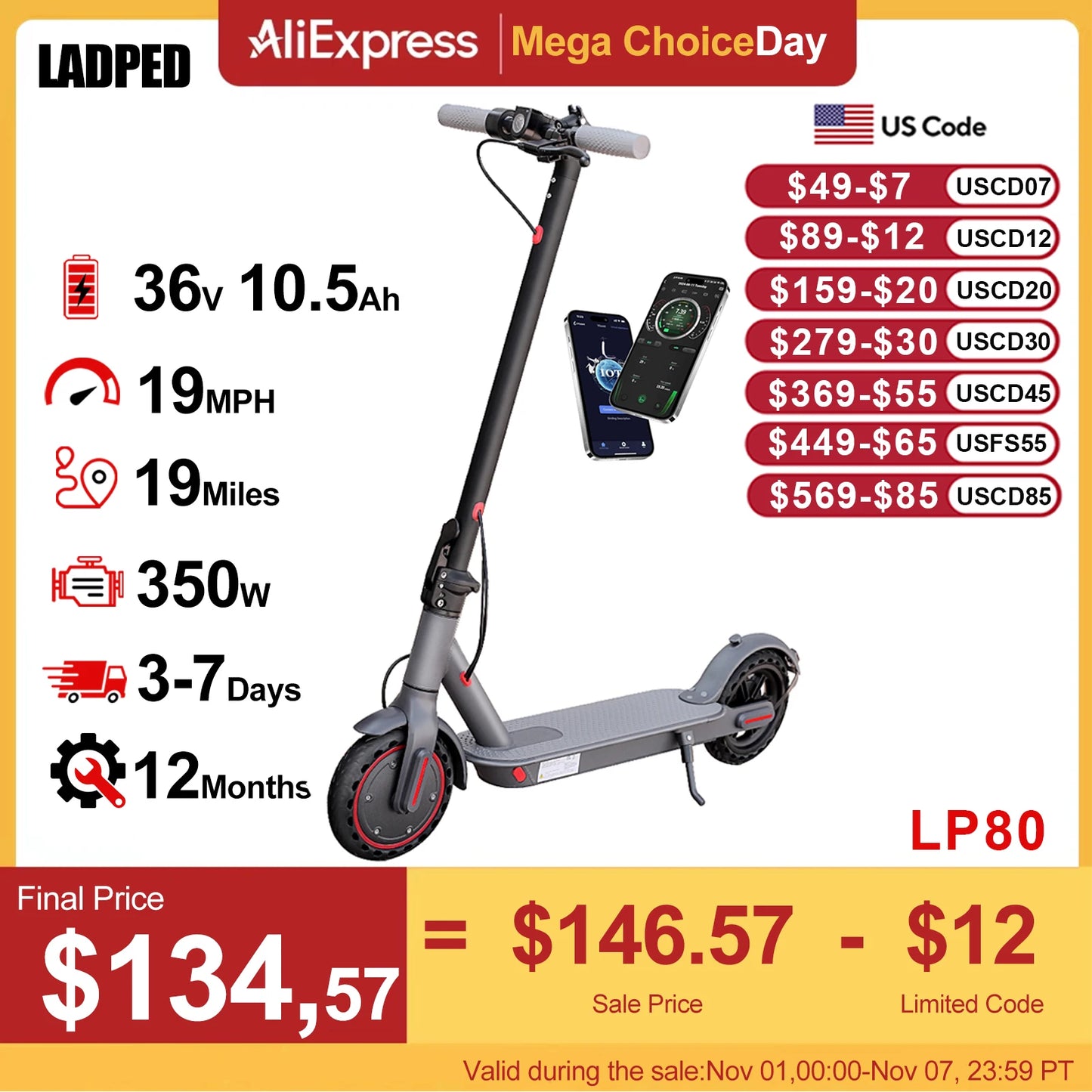 LADPED Electric Scooter 350W 19mph APP Smart Scooter Shock-absorbing Anti-skid ‎8.5 Inches Folding waterproof Electric Scooter