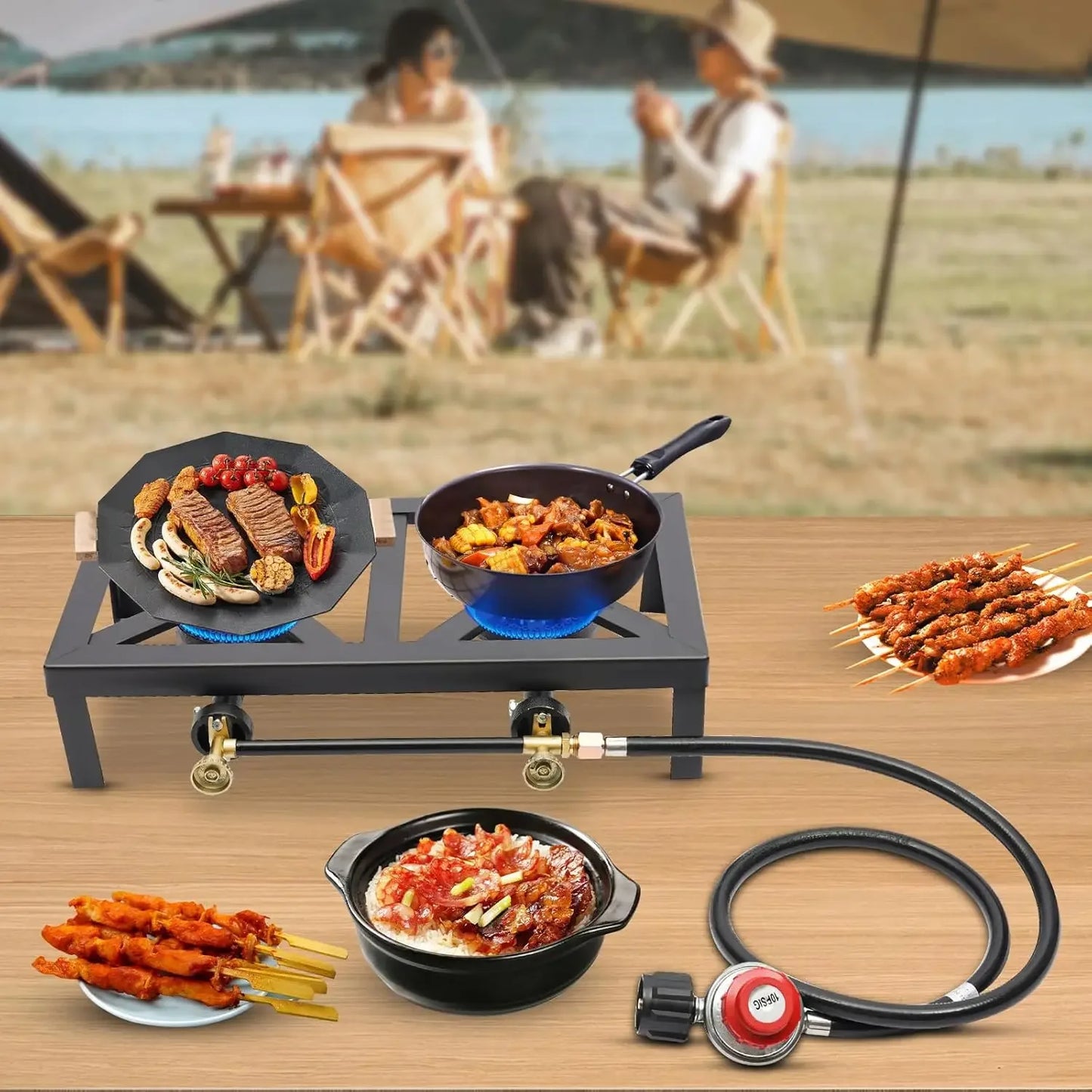 Portable Camp Stove, Propane Stove Burner, Cast Iron Double Burner LPG BBQ Cooker, Outdoor Camping Stove 2 Burners for Cooking