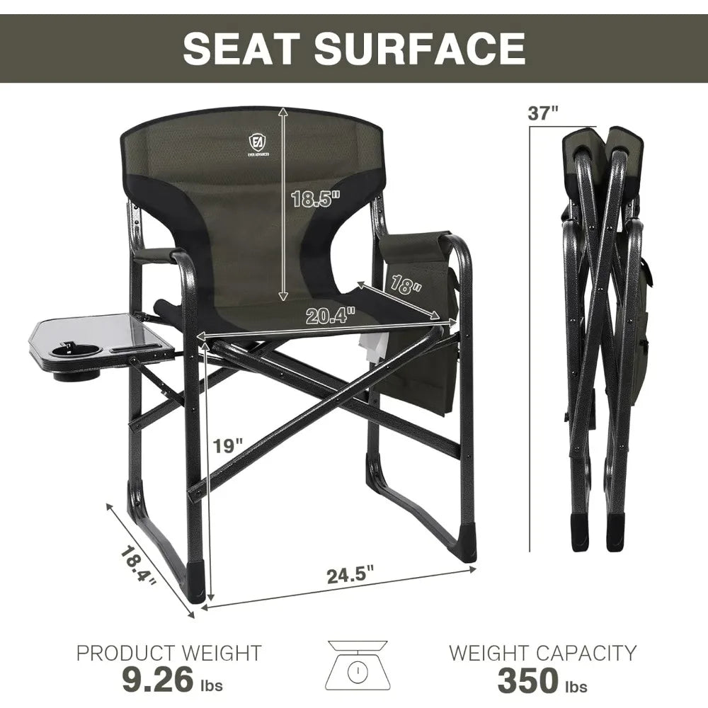 Lightweight Folding Directors Chairs Outdoor, Aluminum Camping Chair with Side Table and Storage Pouch, Heavy Duty Supports 350