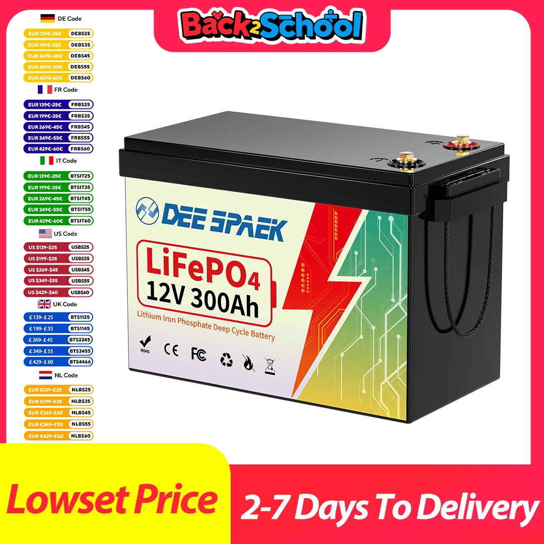 12V 300Ah LiFePO4 Lithium Battery With 200A BMS 8000+ Cycles For RV Campers Off-Road Off-Grid Fishing Boats Solar System Battery