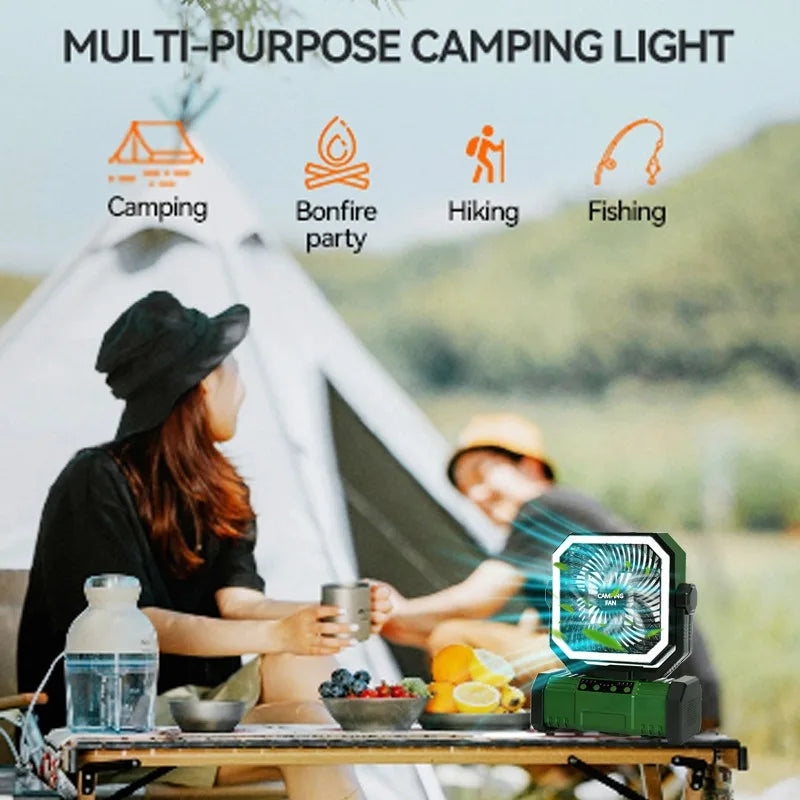 20000mAh Camping Fan with LED Lantern, Rechargeable Battery Operated Oscillating with Remote Hook Steroage Bag