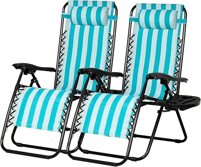 Set of 2 Relaxing Recliners Patio Chairs Adjustable Steel Mesh Zero Gravity Lounge Chair Beach Chairs with Pillow and Cup Holder