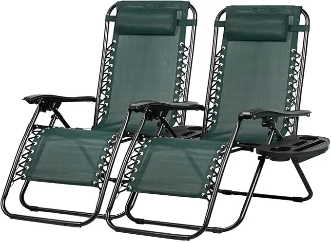 Set of 2 Relaxing Recliners Patio Chairs Adjustable Steel Mesh Zero Gravity Lounge Chair Beach Chairs with Pillow and Cup Holder