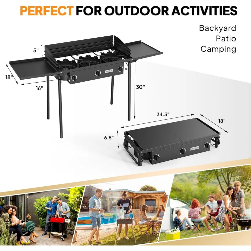 3 burner gas stove, 2 side shelf, 225,000BTU portable propane stove, regulator for camping, home backyard outdoor cooking