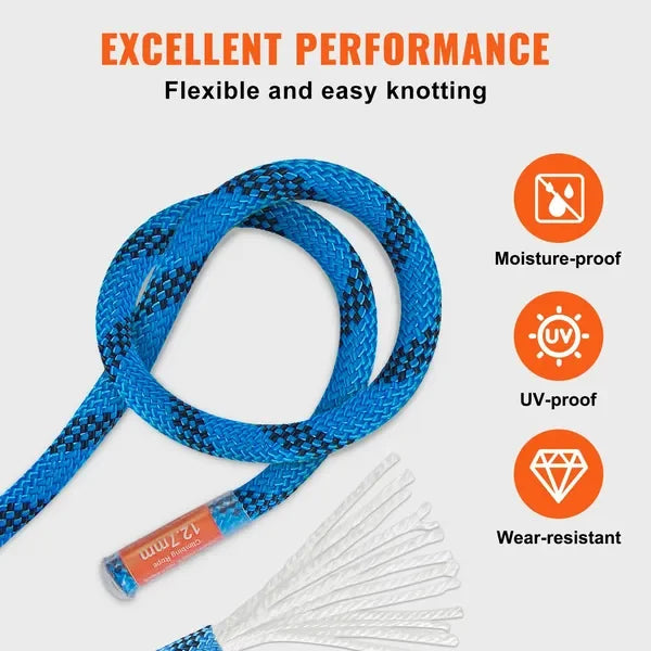 VEVOR 12.7mm Static Climbing Rope, 38M(125ft) Outdoor Rock Climbing Rope 32KN Breaking Tension, Fiber Rope with Steel Snap Hooks