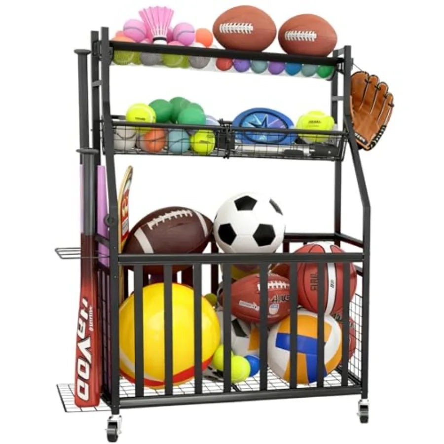 Sports Equipment Garage OrganizerSports Ball Organizer with Basket Hooks and Wheels Ball Storage Rack for Football Basketball S