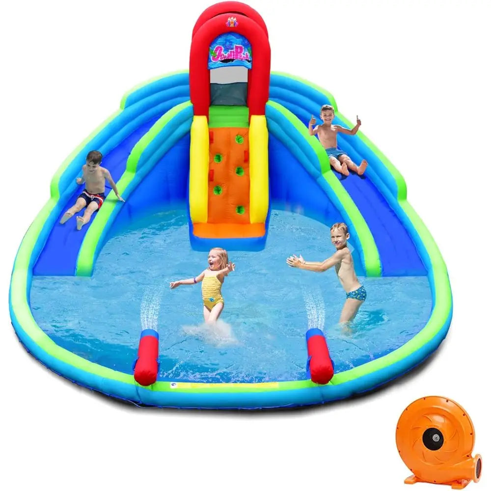 Iatable Water Slides, Kids Jumping Bounce House w/Long Slides, Climbing Wall & Large Splash Pool, Water Cannons & Hose