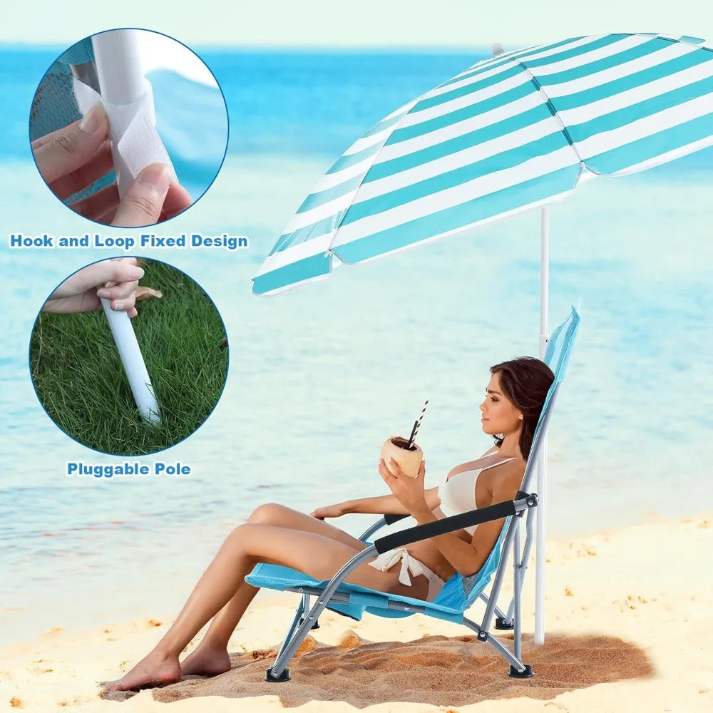 2 Pack Beach Chair for Adult with 2 Umbrella Low Folding Chair Detachable Adjustable Lightweight  Customized