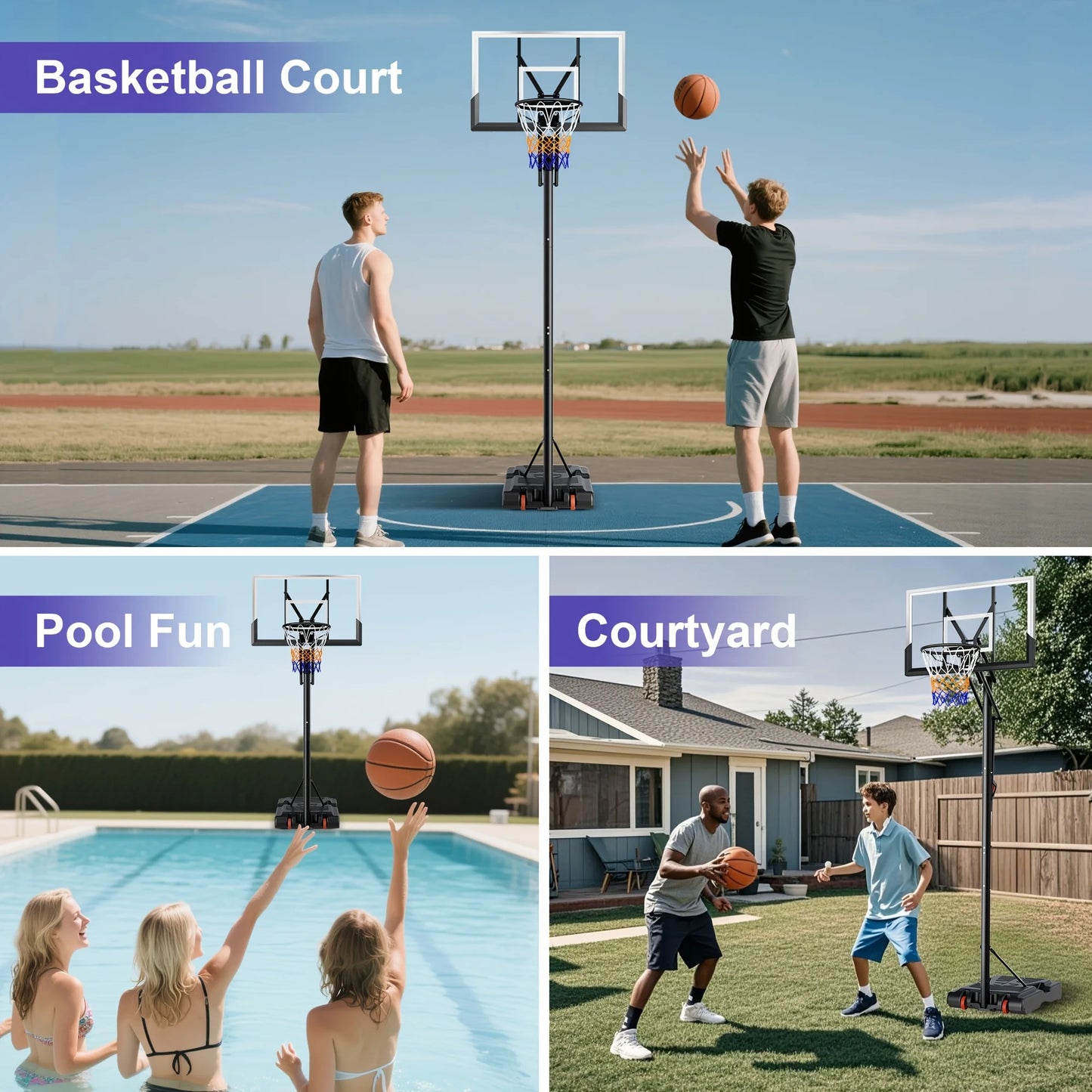 44 In. Stretch Portable Basketball Hoop & Goal With Quickly Height Adjusted 7.6 - 10 Ft. For Outdoor Indoor Court
