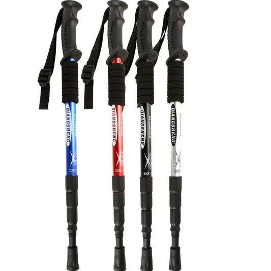 Foldable Trekking PolesStraight Grip  Handle 4 Section Ultralight Hiking Walking Stick Antiskid Cane Camping