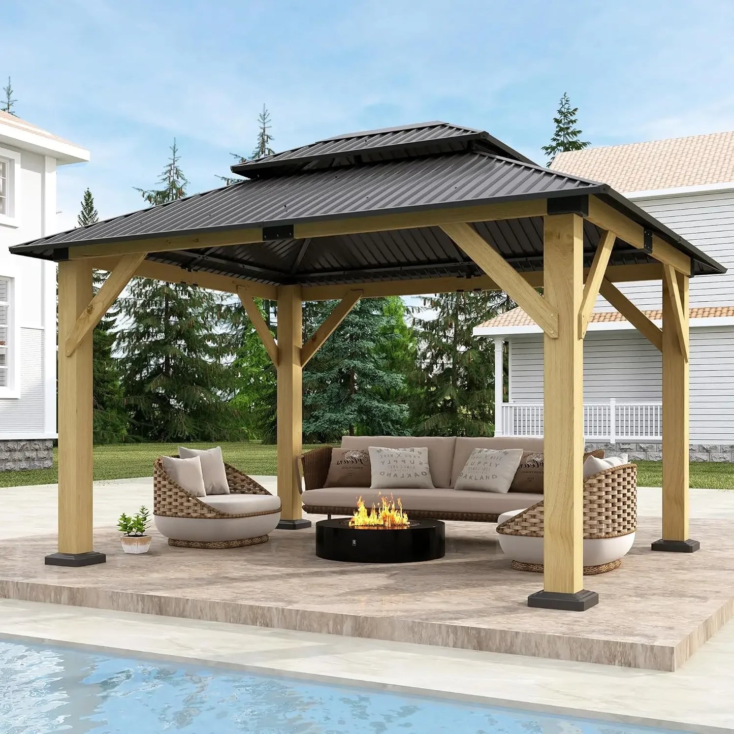 11'x13' Wood Gazebo,Outdoor Hardtop Gazebo with Galvanized Steel Doule Roof, Wooden Frame Gazebos for Patio Backyard Deck