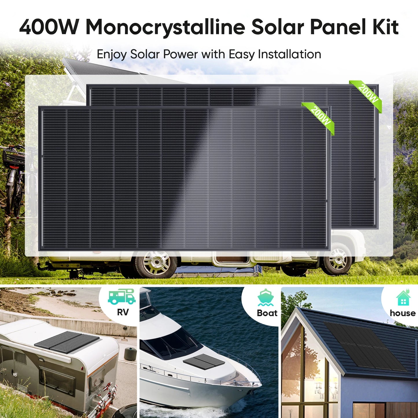 WERCHTAY 2pcs 12V 200W Monocrystalline Solar Panel Module Off Grid PV Power For Vehicles, RV Camper Camping Boat Shed Farm