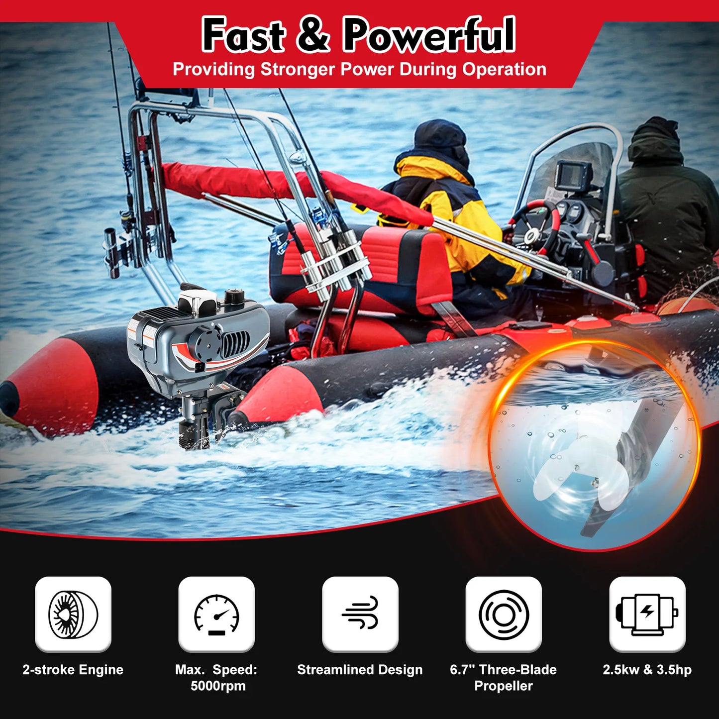 gasoline outboard motor 3.5hp Power 5000rpm Speed 1.3L Tank 35:1 Fuel Ratio Suitable for Fishing Boats Speedboats Small Boats