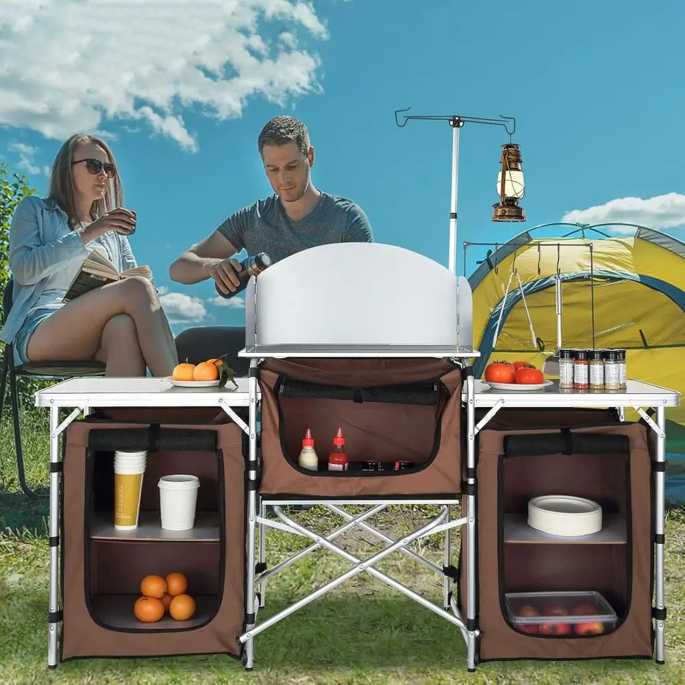 Camping Kitchen Table, olding Outdoor Cooking Table with Storage Carrying Bag, Cook Station 3 Cupboard & Detachable Windsn, Quic