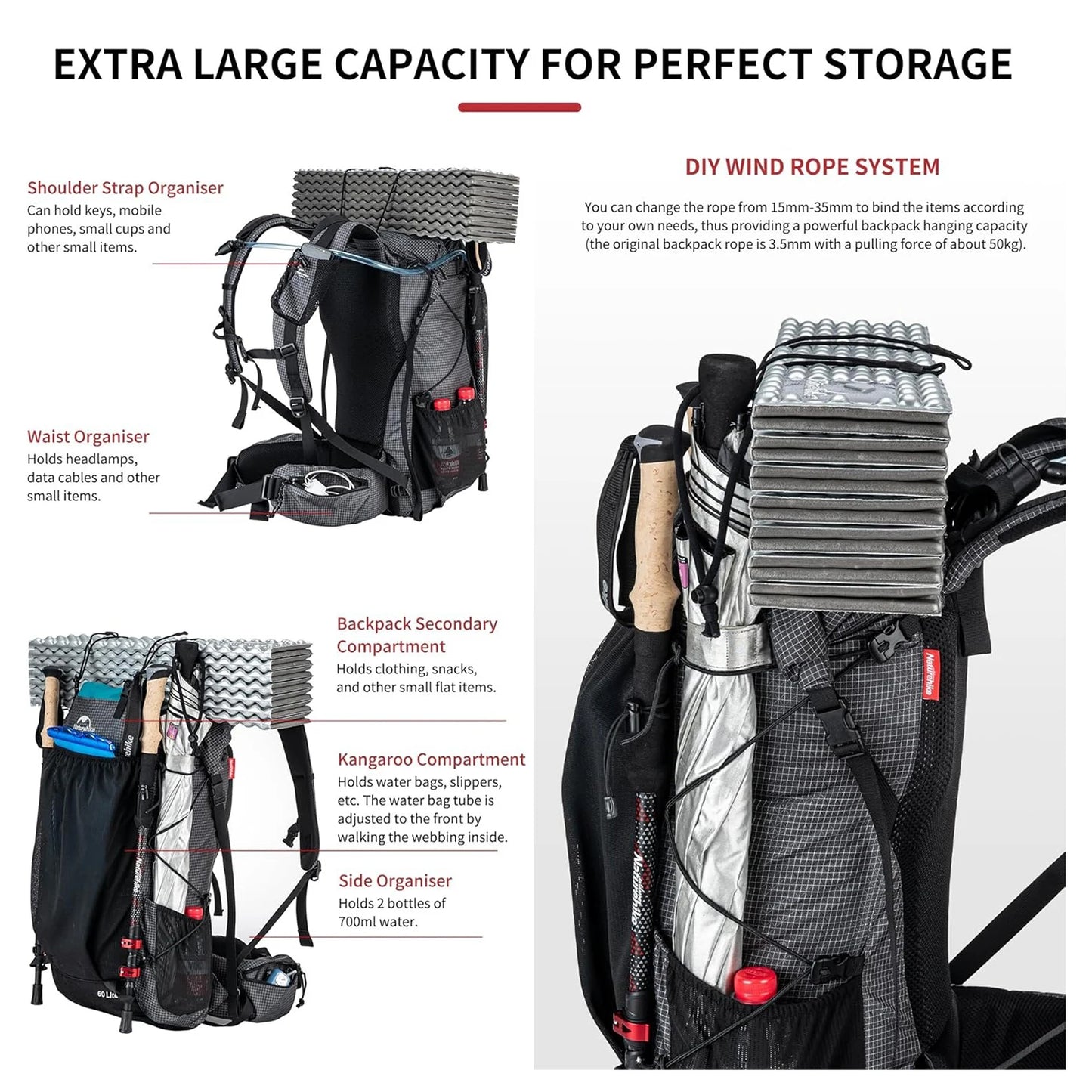 Naturehike Outdoor Mountain Backpack 60+5L Waterproof High Capacity Sports Climbing Hiking Travel Bag With Rain Cover