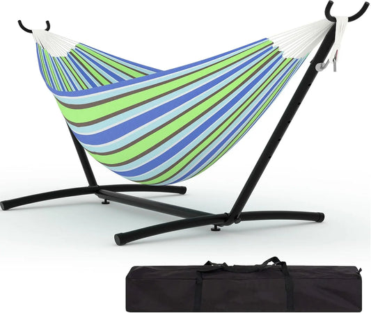 Portable Double Hammock with Stand, Heavy-Duty Steel Frame for Indoor Outdoor Use, 450 lbs Capacity