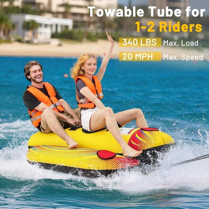 Goplus Inflatable Towable Tubes for Boating,1-2 Rider Hot Dog Tube for Boat to Pull,Water Sports Banana Boat w/ EVA-Padded Seats