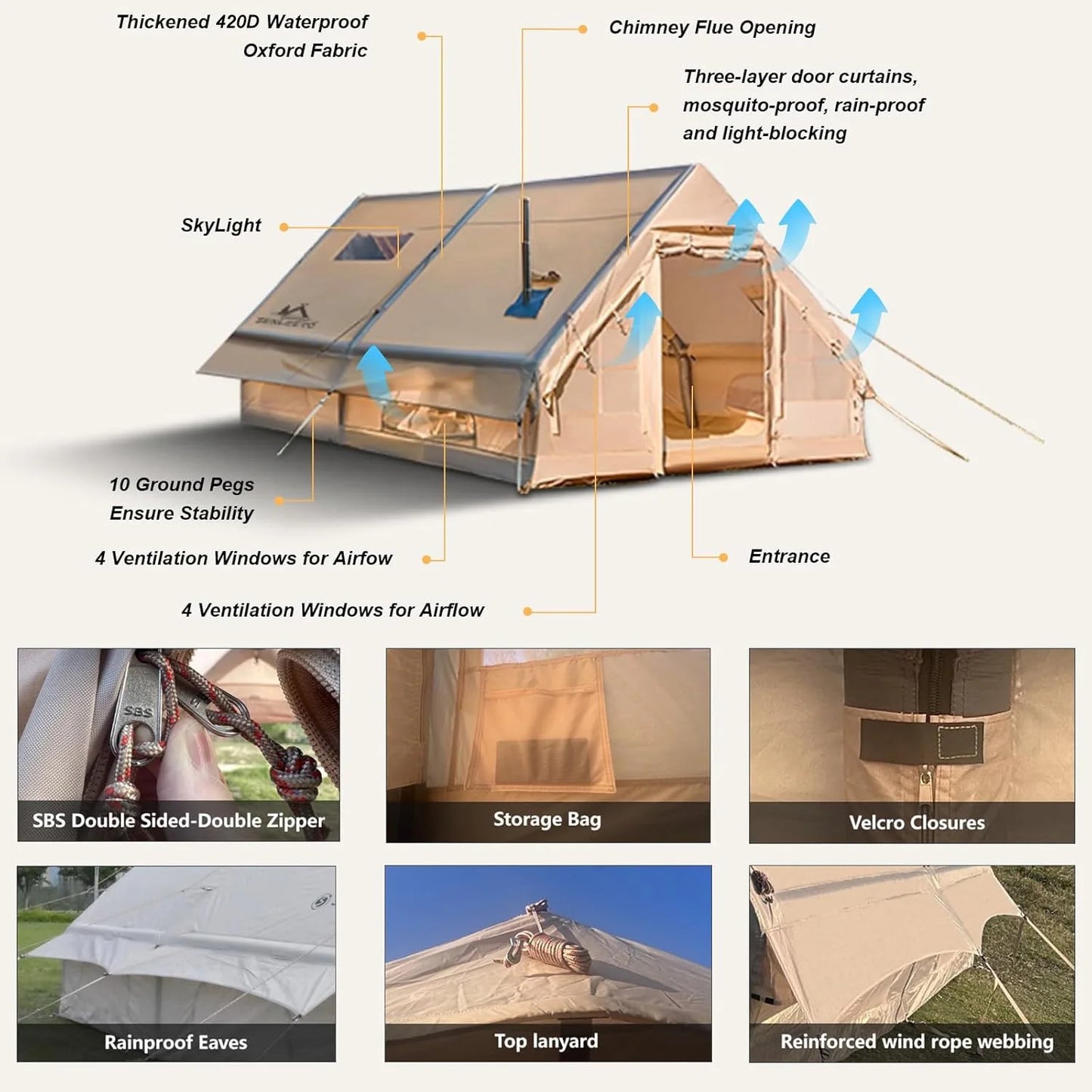13' x 10' Inflatable Camping Tent for 8-10 Person,4 Season Blow up Tents Waterproof, Air Tent with Chimney Hole