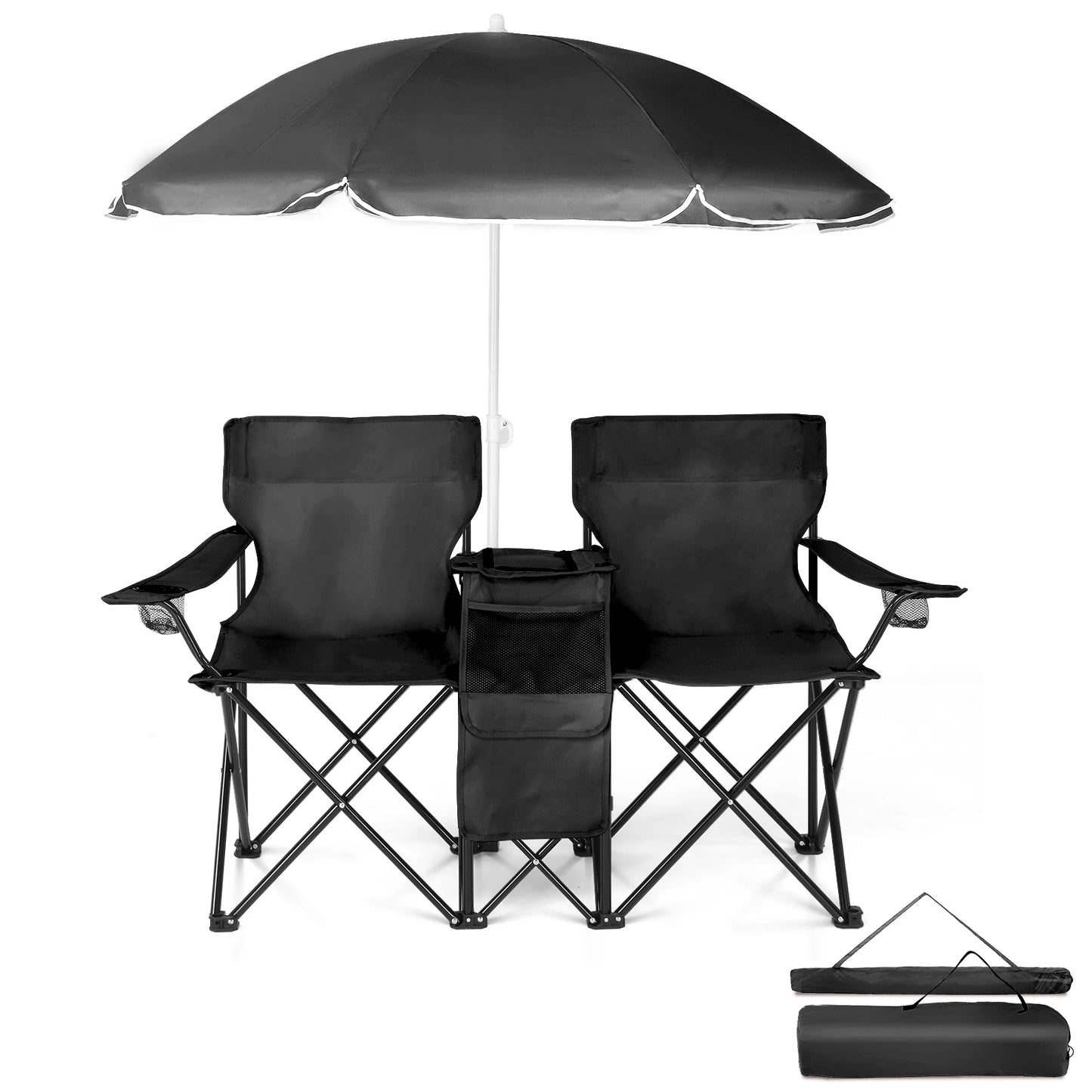 59*19.6*31in Portable Outdoor 2-Seat Folding Chair with Removable Sun Umbrella Black