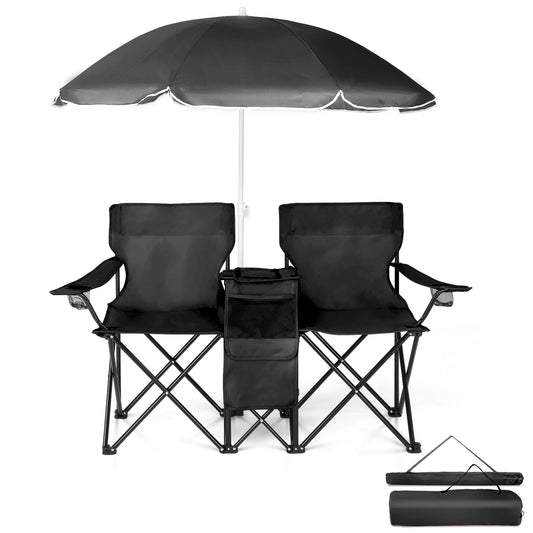 59*19.6*31in Portable Outdoor 2-Seat Folding Chair with Removable Sun Umbrella Black
