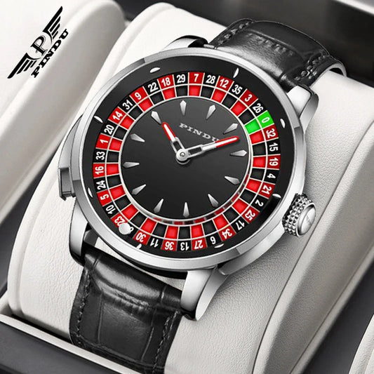 PINDU Roulette Men's Watches Diamond Man Mechanical Wristwatch Waterproof Watch For Men Waterproof Leather Strap Montre Homme