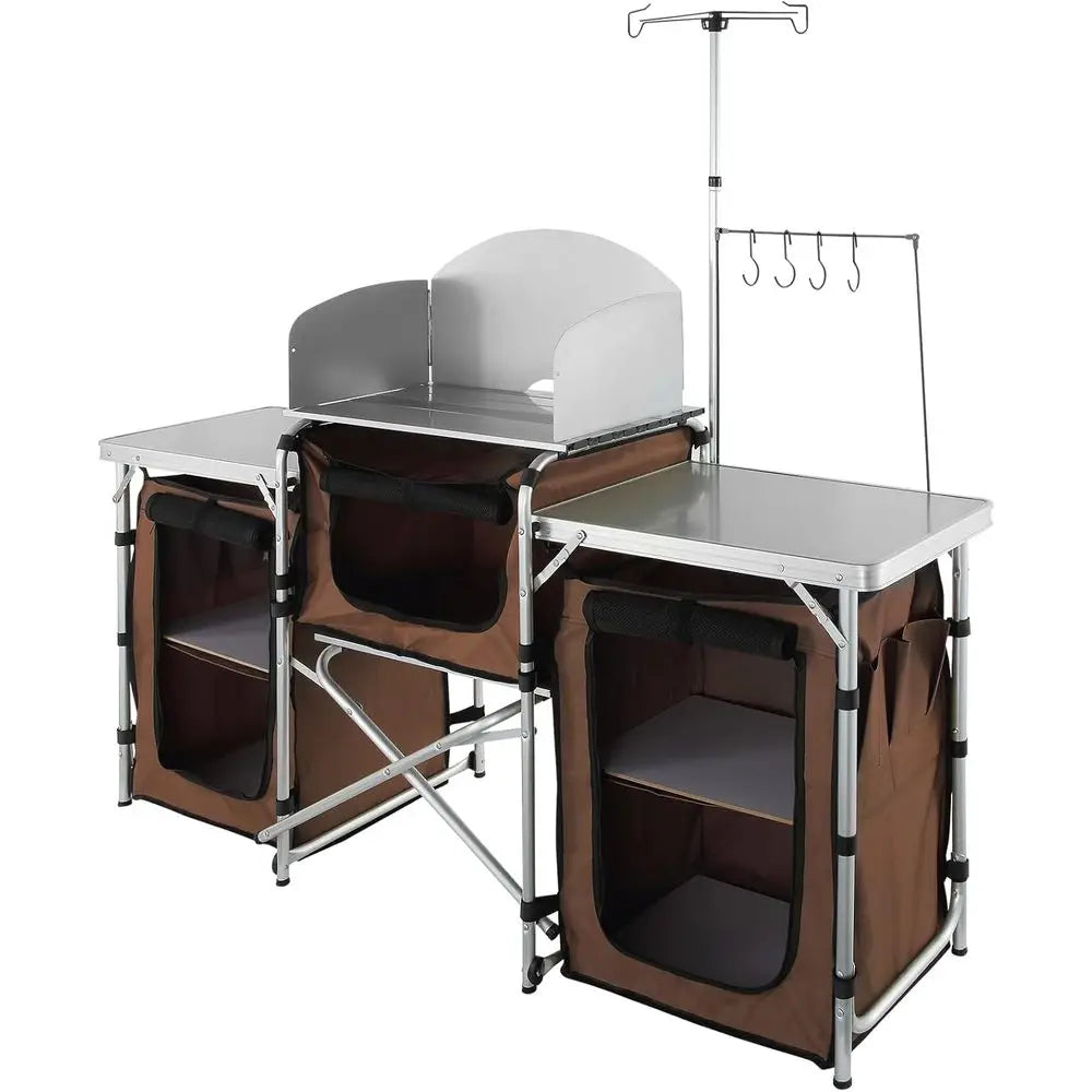 Camping Kitchen Table, olding Outdoor Cooking Table with Storage Carrying Bag, Cook Station 3 Cupboard & Detachable Windsn, Quic