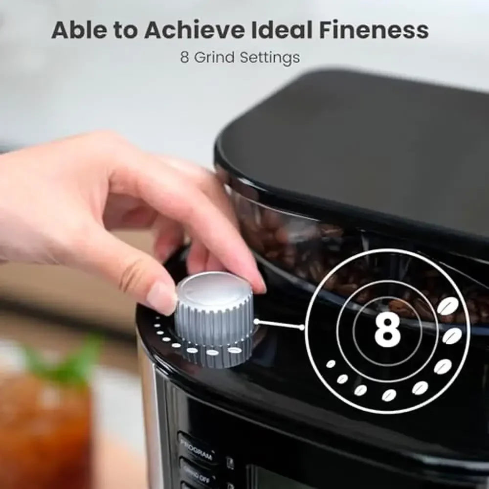 10-Cup Drip Coffee Maker Built-in Grinder Timer Reusable Filter 1.5L Water Tank Home Office Camping Gift Easy Operate Variety