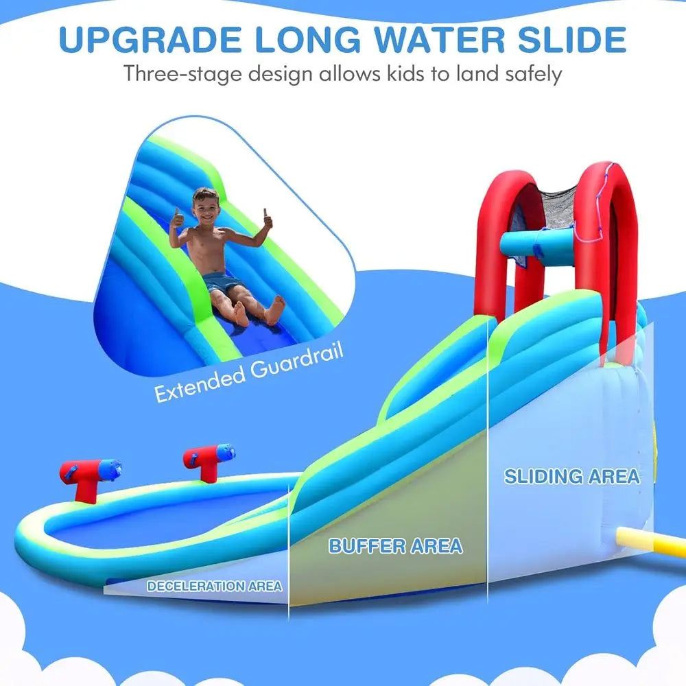 Iatable Water Slides, Kids Jumping Bounce House w/Long Slides, Climbing Wall & Large Splash Pool, Water Cannons & Hose