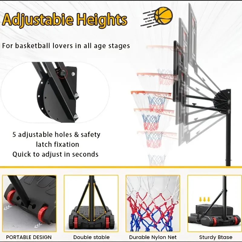 1 Basketball Hoop Outdoor 5.5-9.5 Feet Adjustable Height, 33 Inch Shatter Resistant Backboard, Portable Hoop Court System