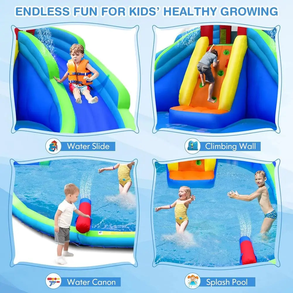 Iatable Water Slides, Kids Jumping Bounce House w/Long Slides, Climbing Wall & Large Splash Pool, Water Cannons & Hose