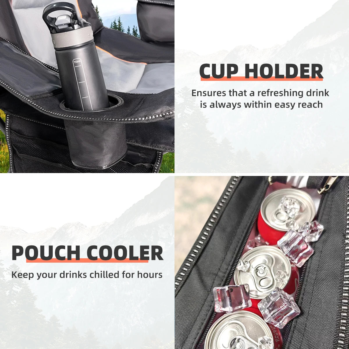 Tisetrail Oversized Camping Chair Folding Chair with Cooler Padded Outdoor Chairs Heavy Duty Support 500 LBS Black&Gray