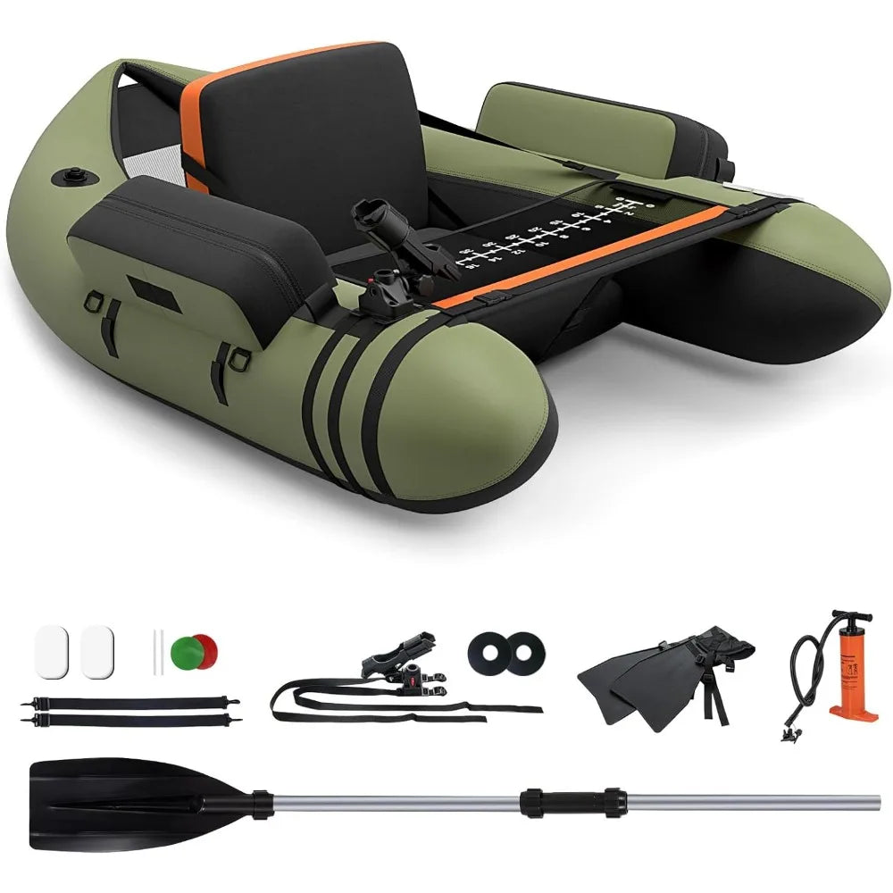 Fishing float tube, 350 lb inflatable fishing boat with paddle, pump, fin, portable backpack belly boat for adult fishing